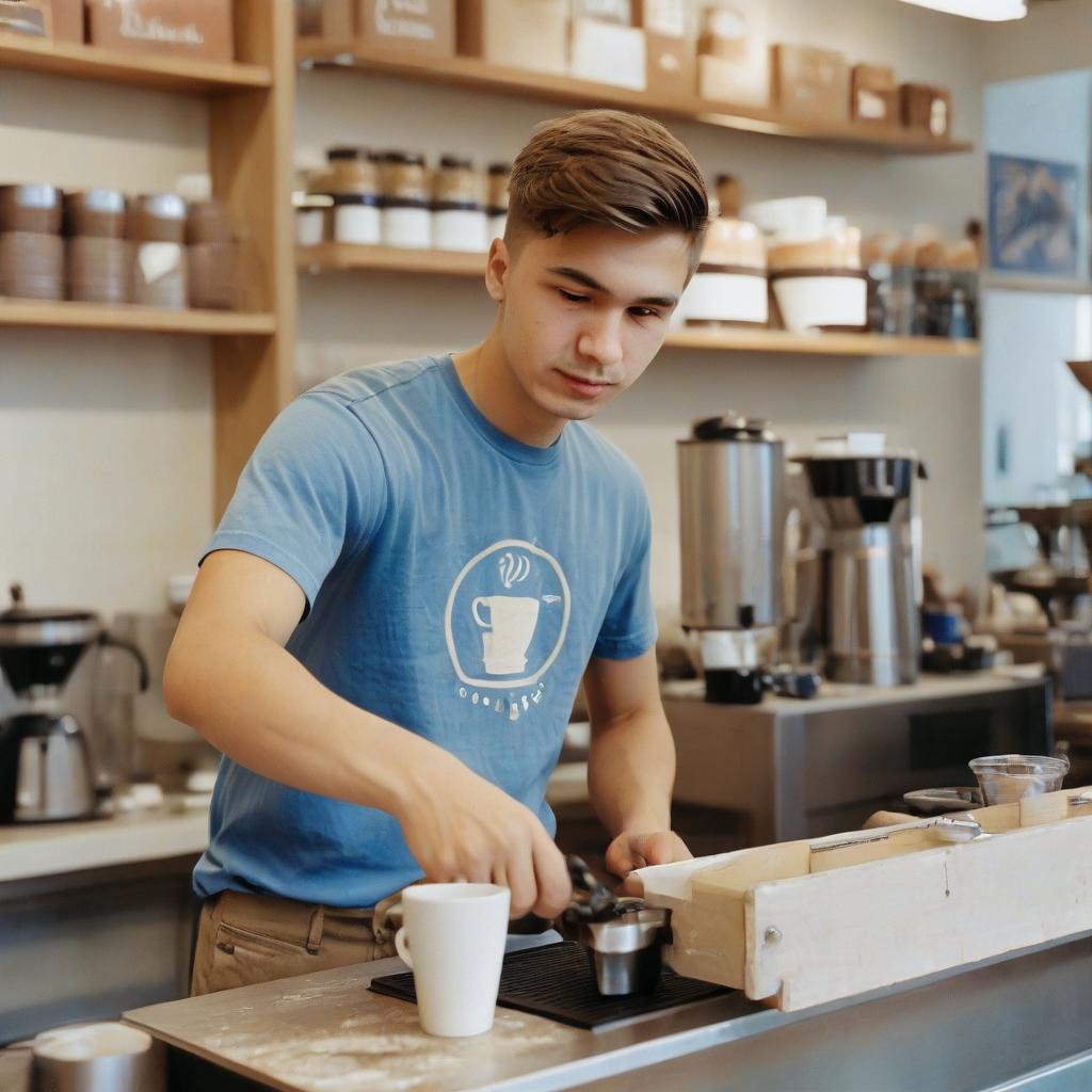  barista young guy, making coffee, a photo in the colors of brown, beige, a guy in a blue t shirt with white divorces, film photography style