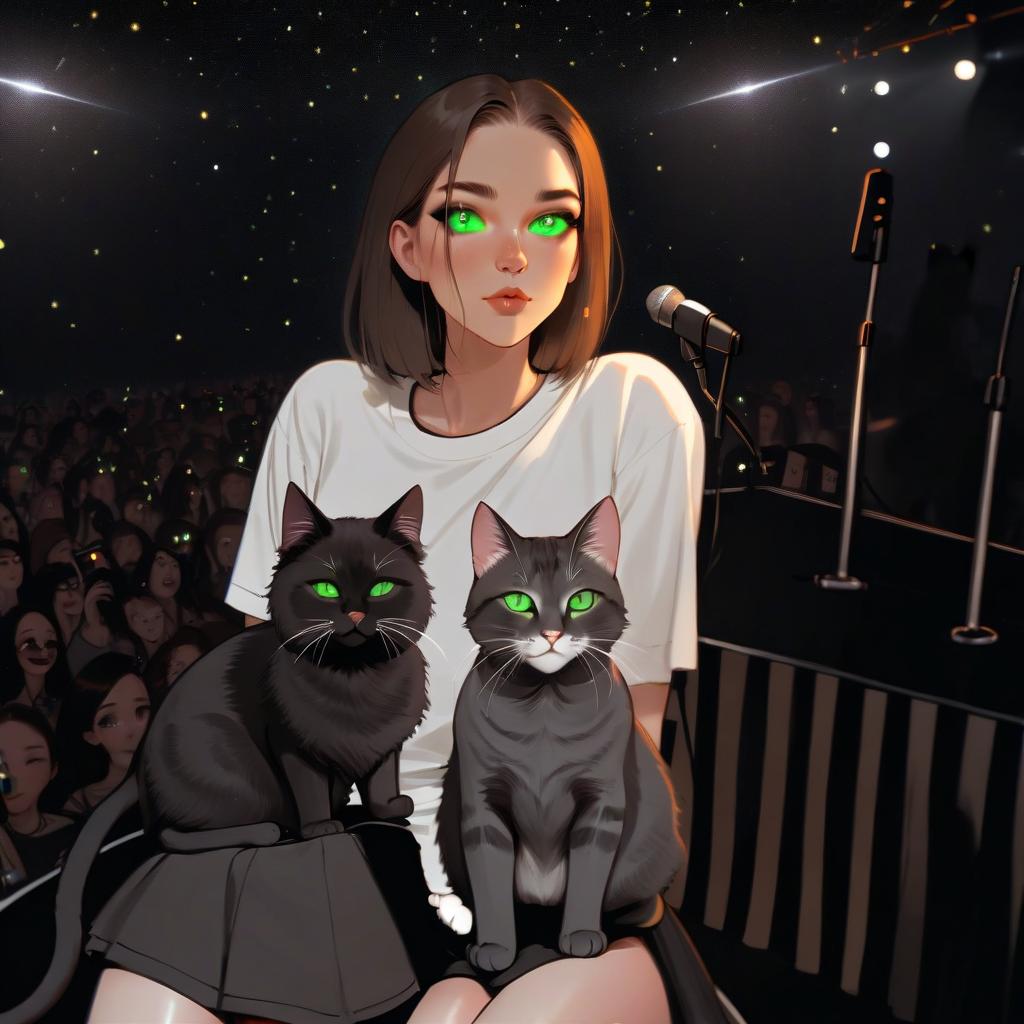  girl with dark green eyes, two cats, space, spotlights, view from the stage, microphone, music, royal grace