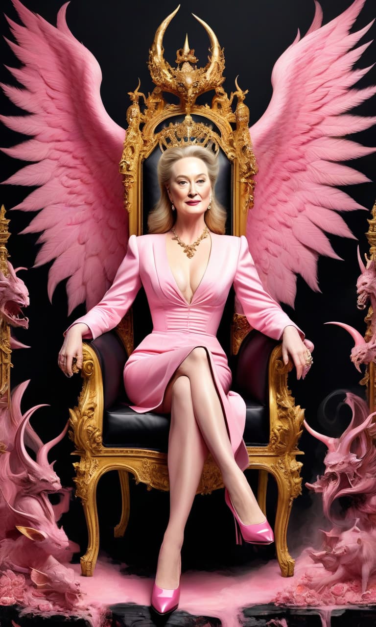  concept art pink, gold, black, white hell, near evil and demons. meryl streep on the throne of satan chic prada shoes . digital artwork, illustrative, painterly, matte painting, highly detailed, perfect hands