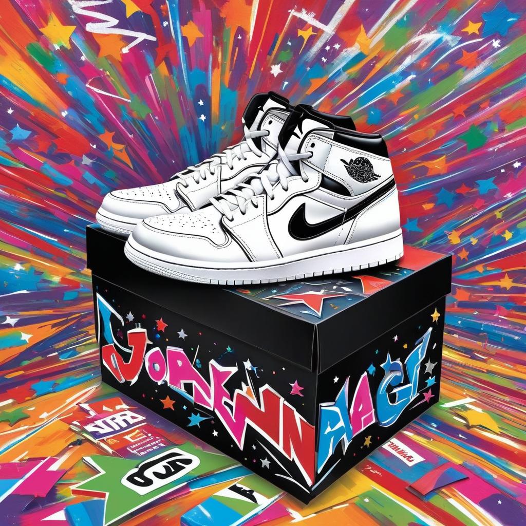  jordan sneaker on a shoebox. the word gagnon written on the shoebox in graffiti. jumpman jordan logo in background surrounded by stars and putter space!, award winning, professional, highly detailed, masterpiece