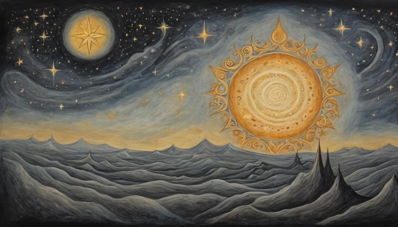  on parchment, surrealism++, a single star burning brightly against the dark sky, subtle cosmic swirls around it, sense of loneliness yet brilliance(mysterious, provocative, symbolic)++