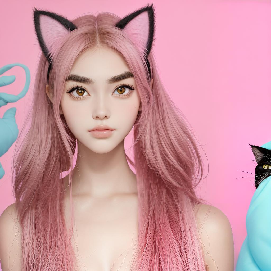  masterpiece, best quality, hot girl, bushy eyebrows, wide eyes, cat ears, pink, solid background