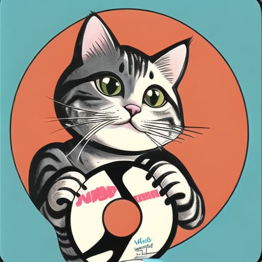  cartoon style, cat holding a record.