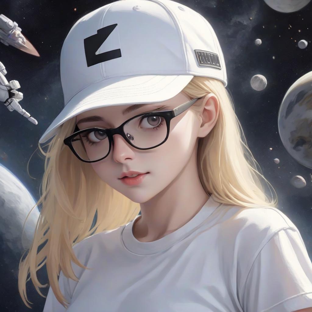  blonde girl in a white t shirt, black glasses and a white cap, space