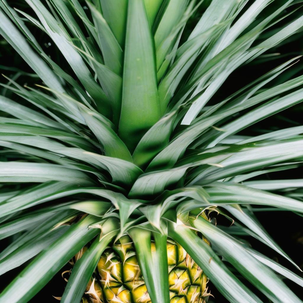  pineapple "siberian star", large fruit, widely spaced leaves, view from above, greenhouse