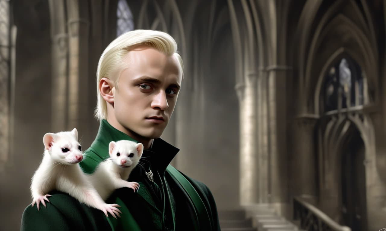  concept art draco malfoy hogwarts, young aristocrat, works magic, white ferret . digital artwork, illustrative, painterly, matte painting, highly detailed