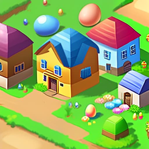  isometric, game, town, old farmer, spring, easter, event, colored eggs, decoration on buildings, five houses