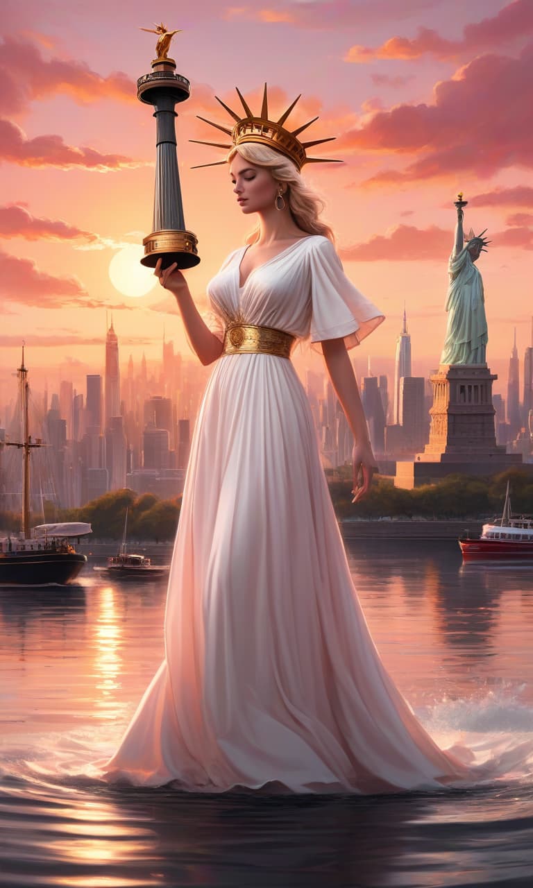  concept art tarot color pink, white, black, gold against the backdrop of a sunset city in the distance, among the water stands the statue of liberty in a chic white dress by dolce & gabbana . digital artwork, illustrative, painterly, matte painting, highly detailed, perfect hands