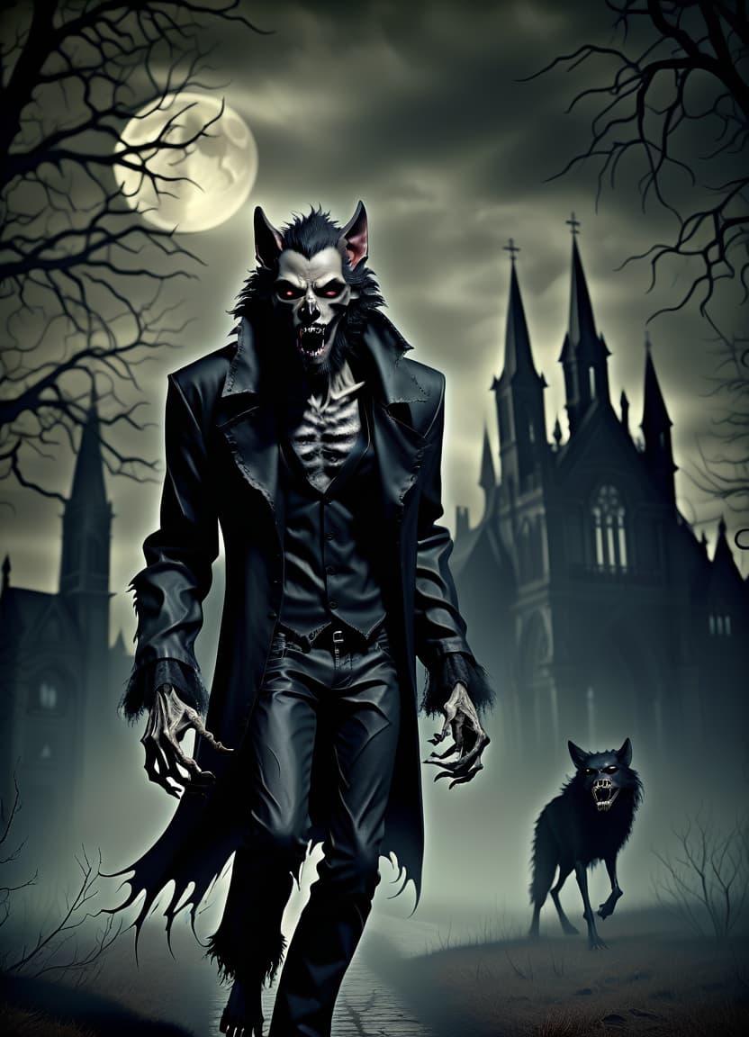  macabre style make him a werewolf . dark, gothic, grim, haunting, highly detailed