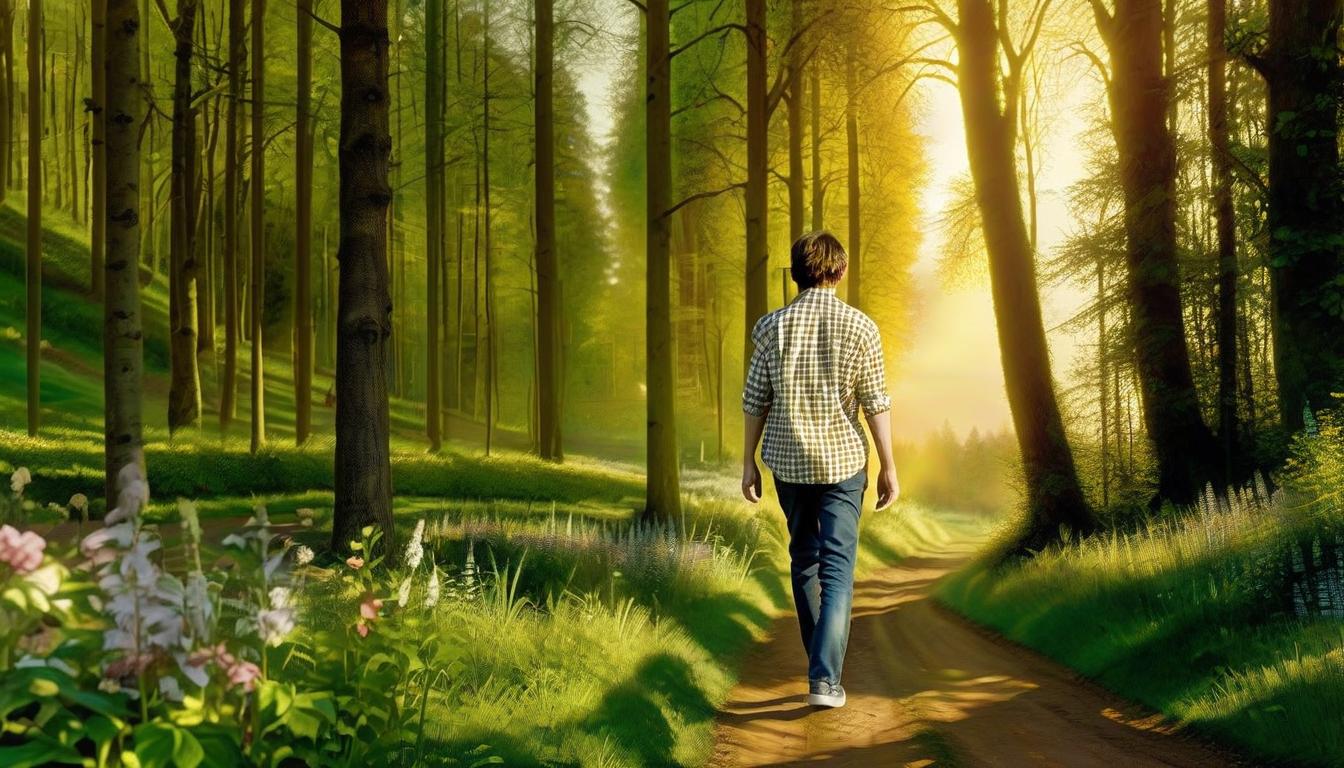  hyperrealistic art a man in a checkered shirt walks along a path towards a beautiful green forest, with low and very lush trees, a golden hour, the rays of the sun through the trees, the hands of a man are spread out to the sides, a flower meadow . extremely high resolution details, photographic, realism pushed to extreme, fine texture, incredibly lifelike