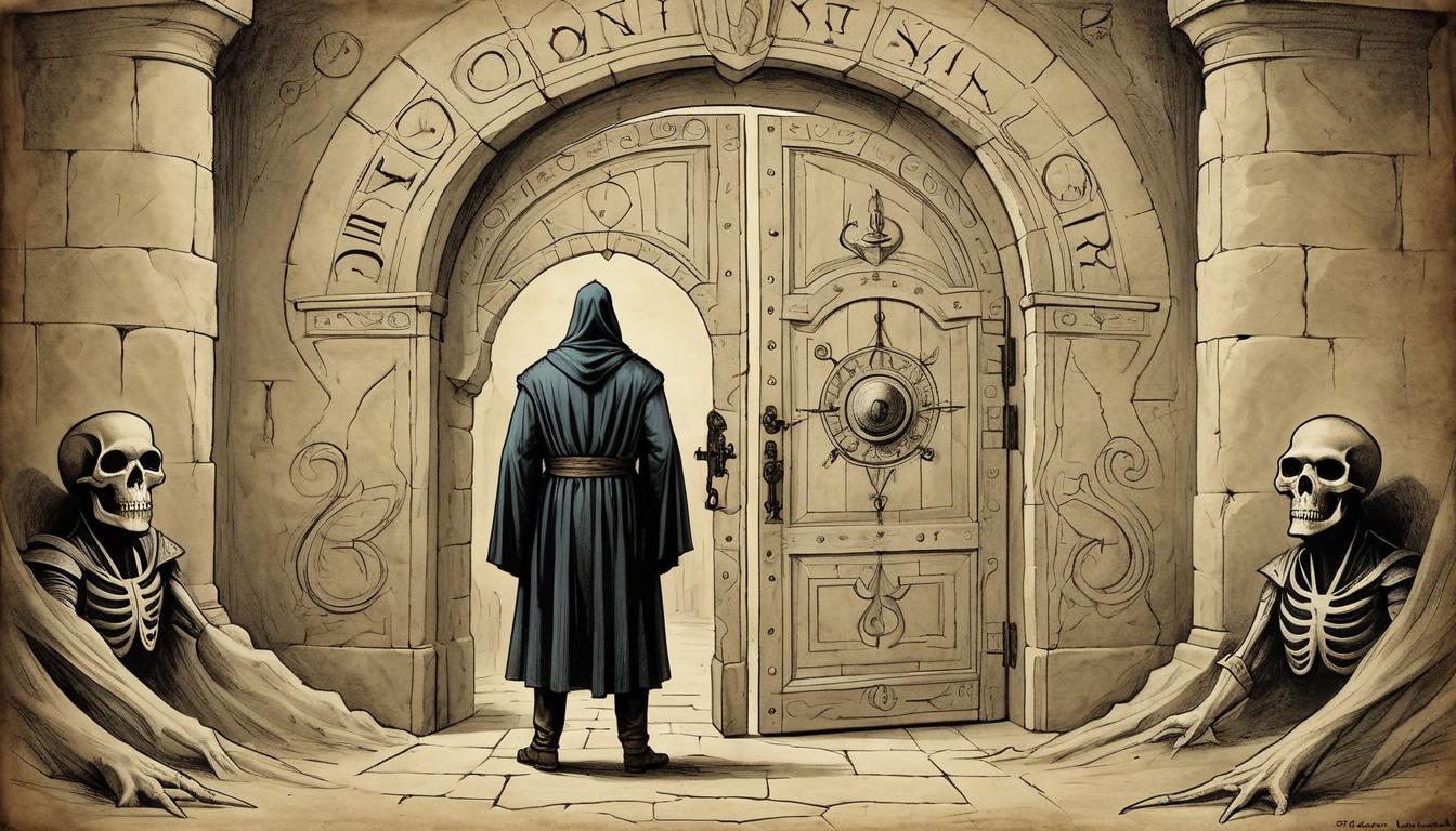  on parchment, surrealism+++, person standing before a heavy, closed door, consequences depicted as ominous symbols carved into door, unavoidable, impending(mysterious, provocative, symbolic,muted color)+++