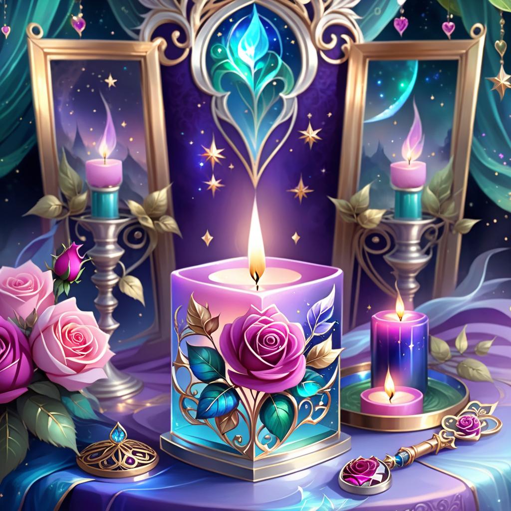  ethereal fantasy concept art of (background):colour:violet blue. (background decoration):silver frames in the shape of hearts and gold fancy stars. (centre):glass square pink candlestick and lighter decorated with fancy roses. (rose colour):pink, dark pink, with cream border. (leaf colour):dark green, green blue, light green. (style):fantasy, fantasy art design, jewellery, interior. . magnificent, celestial, ethereal, painterly, epic, majestic, magical, fantasy art, cover art, dreamy