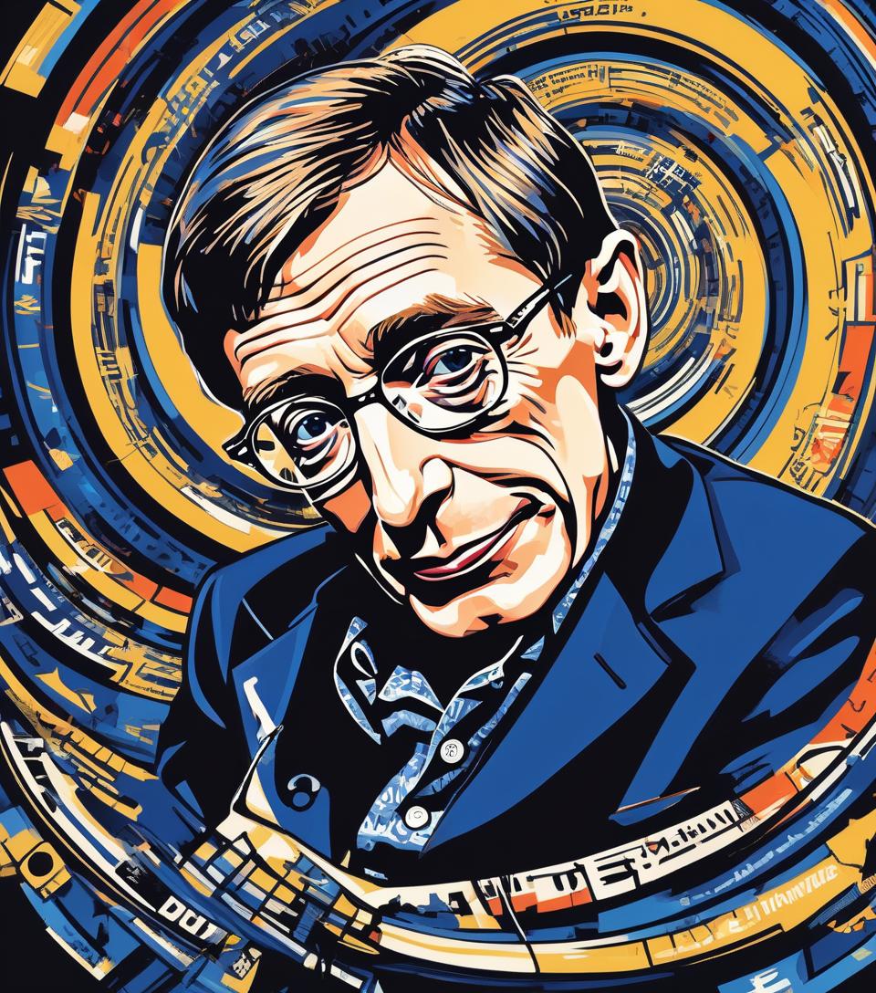  pop art style stephen hawking, dark blue tones, against the background of a black hole, high detail, working out small things, hawking's formula in paint . bright colors, bold outlines, popular culture themes, ironic or kitsch