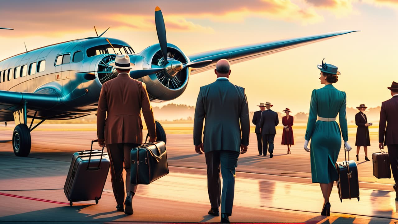  a vintage airplane soaring above a bustling 1950s airport, with travelers in period attire, luggage carts, and classic cars, capturing the essence of post war optimism and the dawn of commercial flight. hyperrealistic, full body, detailed clothing, highly detailed, cinematic lighting, stunningly beautiful, intricate, sharp focus, f/1. 8, 85mm, (centered image composition), (professionally color graded), ((bright soft diffused light)), volumetric fog, trending on instagram, trending on tumblr, HDR 4K, 8K