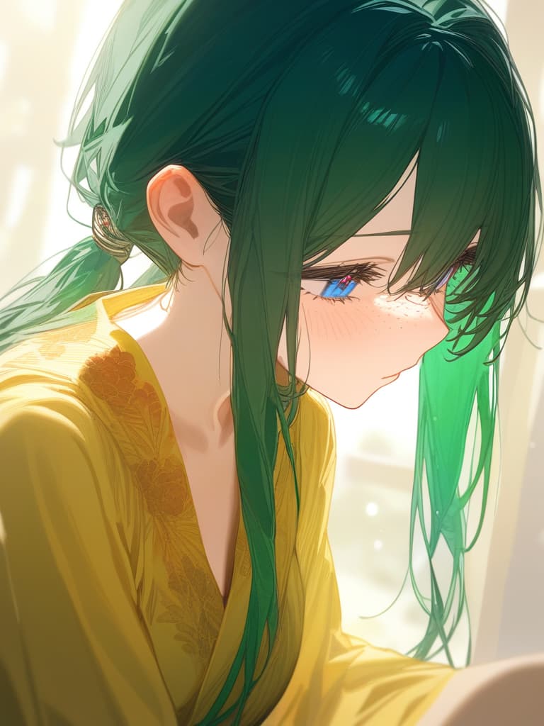  deep green hair, blue eyes, low twin tails, yellow green kimonos, red flowers, freckles, masterpiece, best quality,8k,ultra detailed,high resolution,an extremely delicate and beautiful,hyper detail