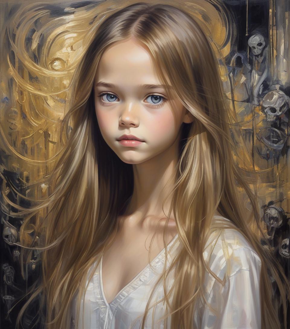  oil painting depicting kristina pimenova, very feminine, , v neck, portrait, absolute reality, long dark golden hair, pale skin, black, beautiful features, pretty face, pretty pose, clroom vivid and luminous, aya takano, royo, giger, dream atmosphere