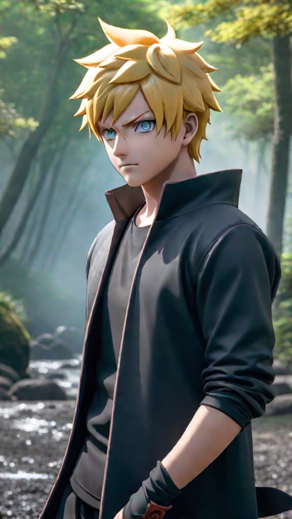  anime art: boruto uzumaki wields the mysterious power of the Ōtsutsuki, surpassing legends with the karma seal. hyperrealistic, full body, detailed clothing, highly detailed, cinematic lighting, stunningly beautiful, intricate, sharp focus, f/1. 8, 85mm, (centered image composition), (professionally color graded), ((bright soft diffused light)), volumetric fog, trending on instagram, trending on tumblr, HDR 4K, 8K