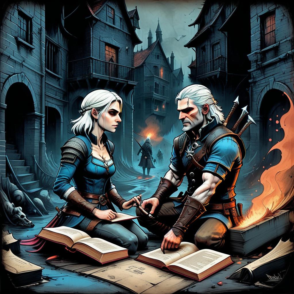  graffiti style the pages of a dark book of fairy tales :: (witcher 3 battle scene with ciri and geralt) :: creepy wolfpack atacking in the background :: by john kenn mortensen + joe fenton :: contrasting lines, dark colors, burned pages, 8k resolution dark fantasy art, underground comix, artstation :: by abigail larson + aaron horkey + amy sol . street art, vibrant, urban, detailed, tag, mural, t shirt design, on parchment