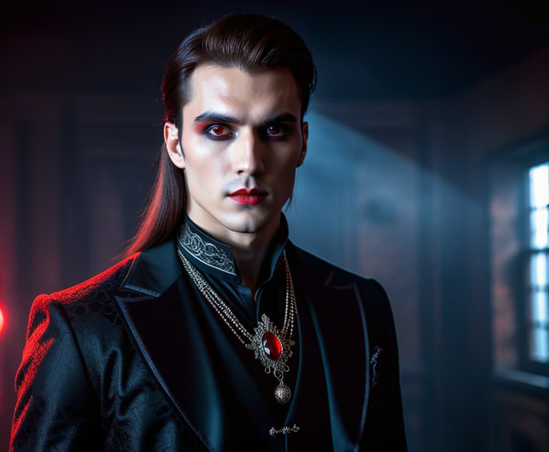  gothic style worst young guy, long brown hair with gradient red in black, fangs, brown eyes, straight nose . dark, mysterious, haunting, dramatic, ornate, detailed hyperrealistic, full body, detailed clothing, highly detailed, cinematic lighting, stunningly beautiful, intricate, sharp focus, f/1. 8, 85mm, (centered image composition), (professionally color graded), ((bright soft diffused light)), volumetric fog, trending on instagram, trending on tumblr, HDR 4K, 8K