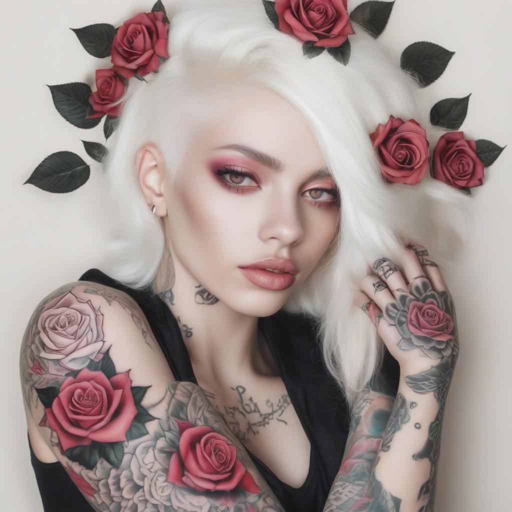  beautiful latina woman with black hair and a white lock ,albino eyes and rose tattoos on a full arm