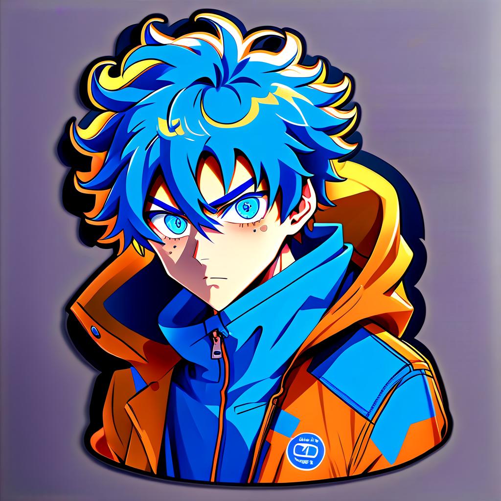  anime artwork man with blue curly hair with blue eyes in orange jacket . anime style, key visual, vibrant, studio anime, highly detailed, sticker