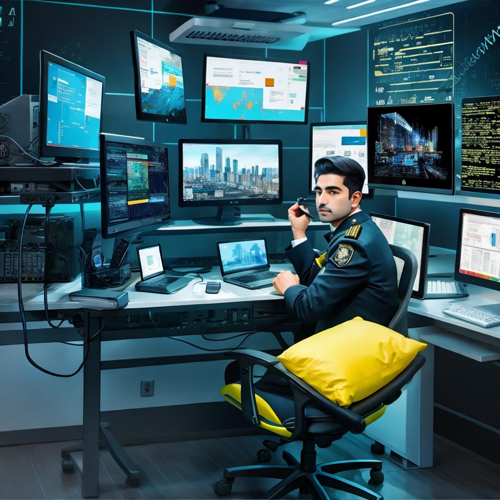  an iranian police officer sitting behind a computer desk with cyber background, award winning, professional, highly detailed, masterpiece