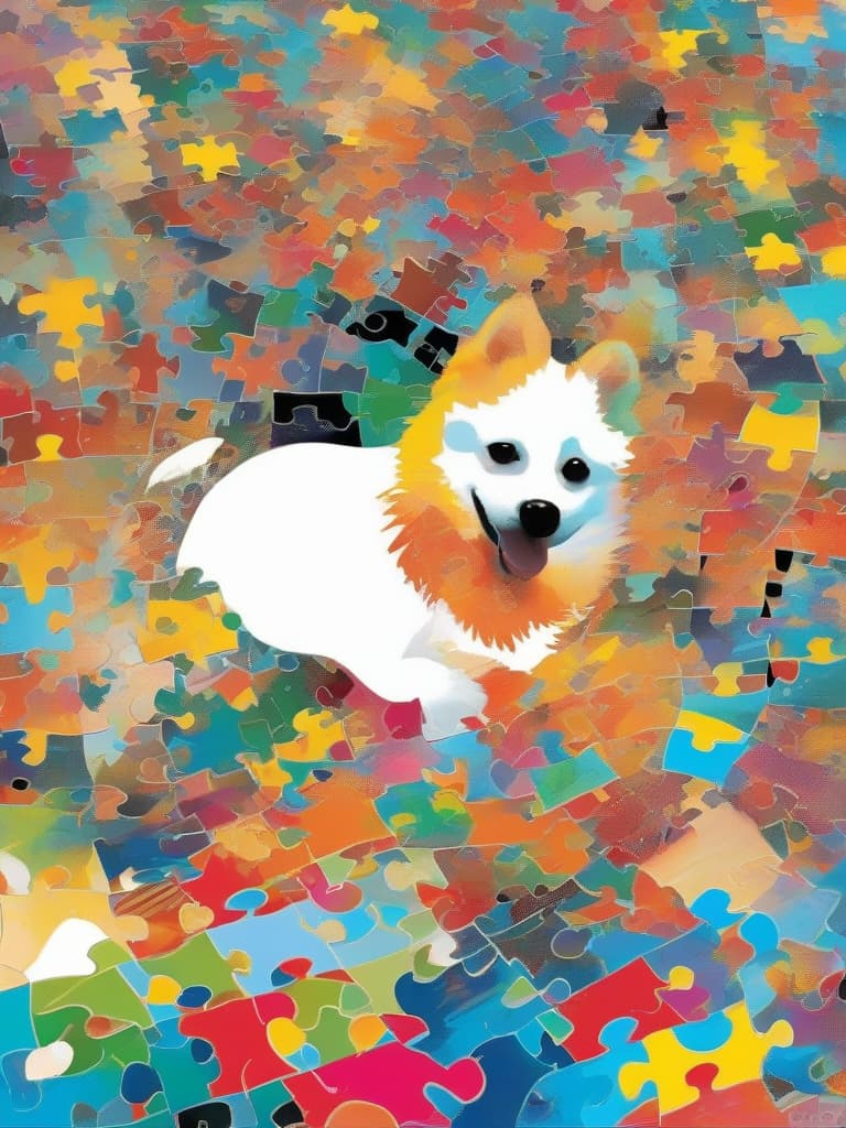  (((jigsaw puzzle like screen,composition)))(((each piece is clearly separated by white,each piece is large))) master piece (1 cute dog,pomeranian)(jigsaw puzzle like composition)(1 piece missing,white out) super analysis,high quality,8k