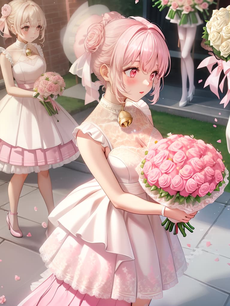  (beautiful girl)(beige hair color:1.5)(red eye color:1.5)(chignon:1.5)(in wedding dress:1.2)(all lace:1.7)(bell line skirt:2.0)(pure white dress:2.0)(holding a bouquet of pink roses:2.0)masterpiece,high quality,16k