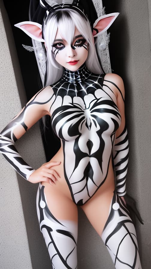  Black and White Spider-patterned body paint in every corner of the whole body, full-body, silver body paint, White face paint on the face,Dark elfs 女性