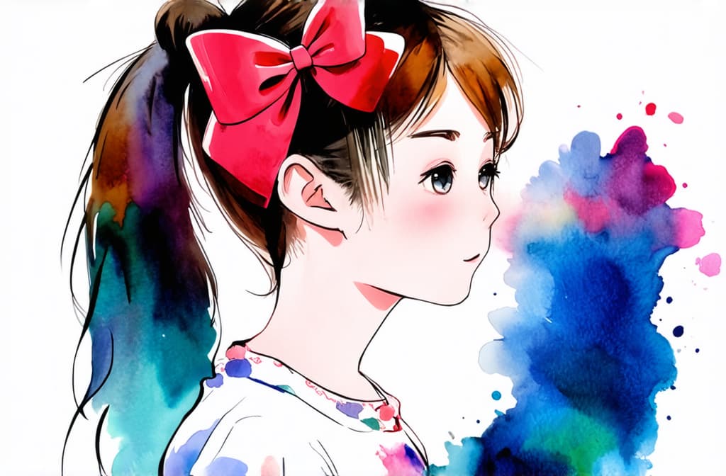  artwork girl with a bow and a ponytail ar 3:2, watercolor techniques, featuring fluid colors, subtle gradients, transparency associated with watercolor art