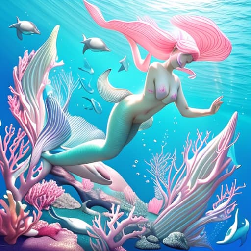  Underwater mermaids swimming and pink and blue blend colored whale and dolphins and fish