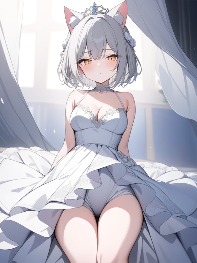  gray hair, short hair, cat ears, girls, wedding dresses, crowns on the head, masterpiece, best quality,8k,ultra detailed,high resolution,an extremely delicate and beautiful,hyper detail