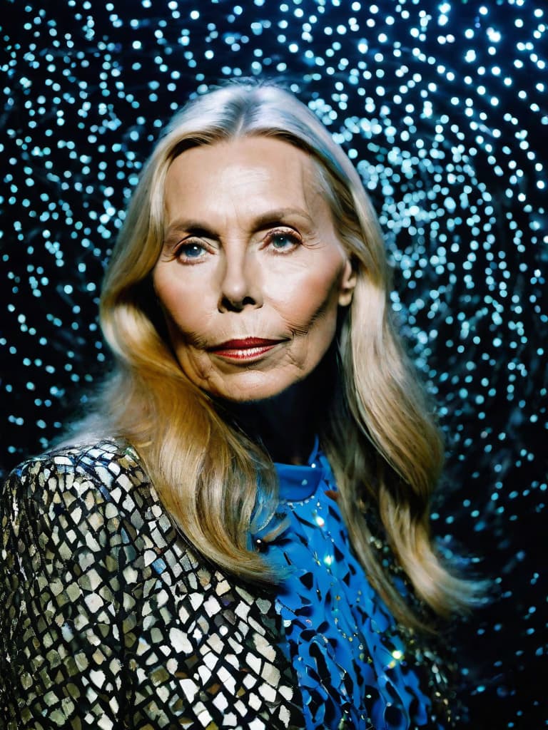  A younger Country singer Joni Mitchell, medium shot, upper body, spotlight, long exposure lighting, street art style spray paint, glamour lighting