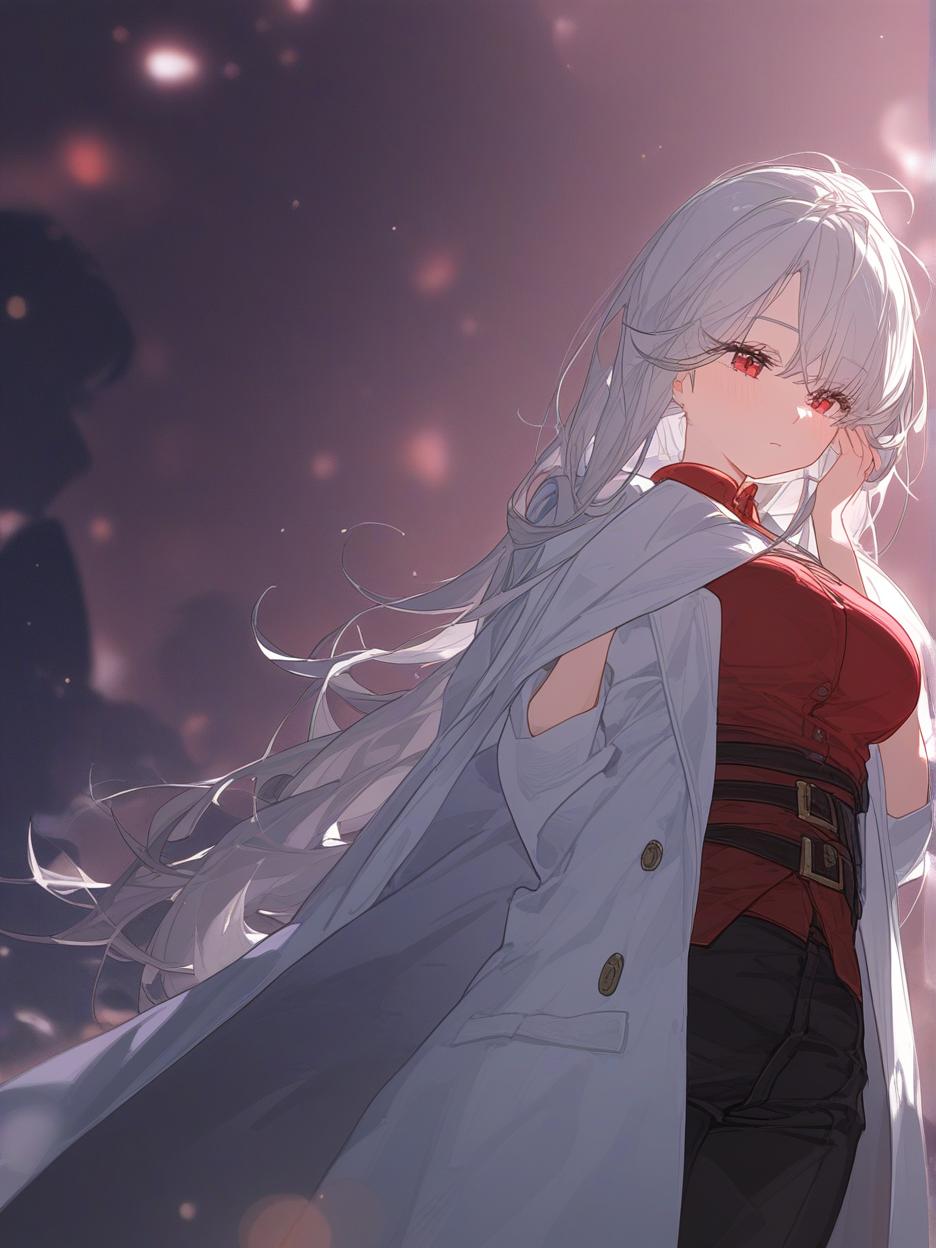  a strong woman, silver long hair, covering her face. she has deep, beautiful red eyes that are very prominent, white eyelashes that are very prominent in the eyes. she wears dark dress pants. a red shirt with buttons on the front seam, two thin belts under the bust. a light gray lab coat on the shoulders. a very strong and slender body, his strong abdomen shows in the red shirt. the background is a futuristic area where people practice combat in the background. she has a cup of coffee in her hands. well highlighted eyes with white eyelashes details, 8k. . best quality, high resolution