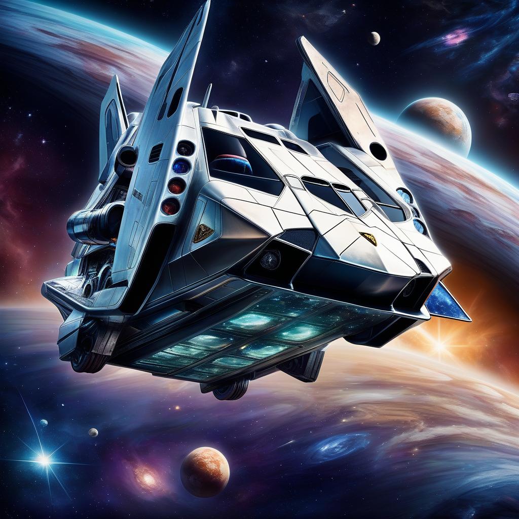  space themed retro futurism, steam punk and diesel, a star shuttle that looks like a lamborghini countach. . cosmic, celestial, stars, galaxies, nebulas, planets, science fiction, highly detailed