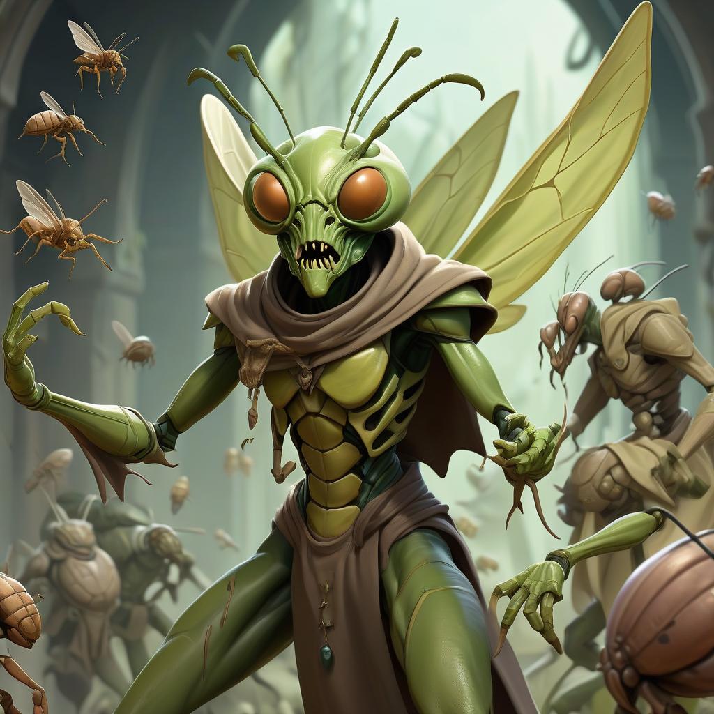  role playing game (rpg) style fantasy thri kreen insectoid monstrous humanoid race with mantis head ranger, wearing travelers rags and cloak, has four hands, swarm of bugs flying around, hive background . detailed, vibrant, immersive, reminiscent of high fantasy rpg games