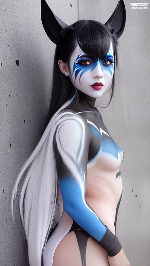  Black and blue bat-shaped body paint in every corner of the whole body, White body paint all over the body, grey face paint on the face, Dark elf,full body image female