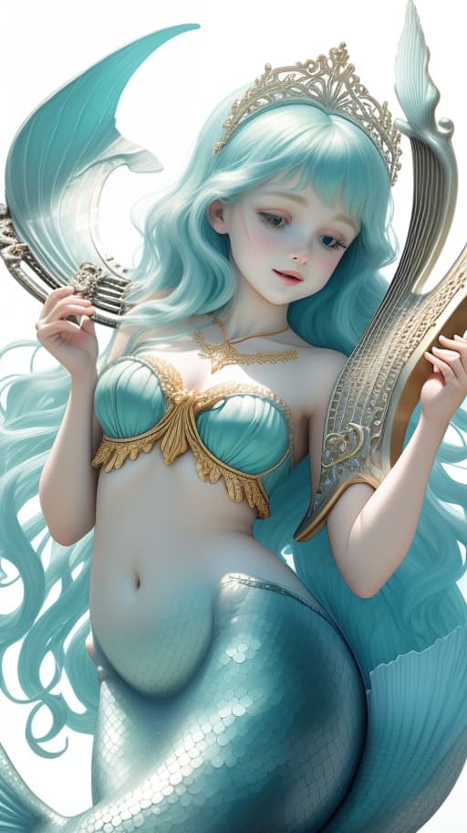  mermaid, singing, sweet, tender face, holding a lyre, white background