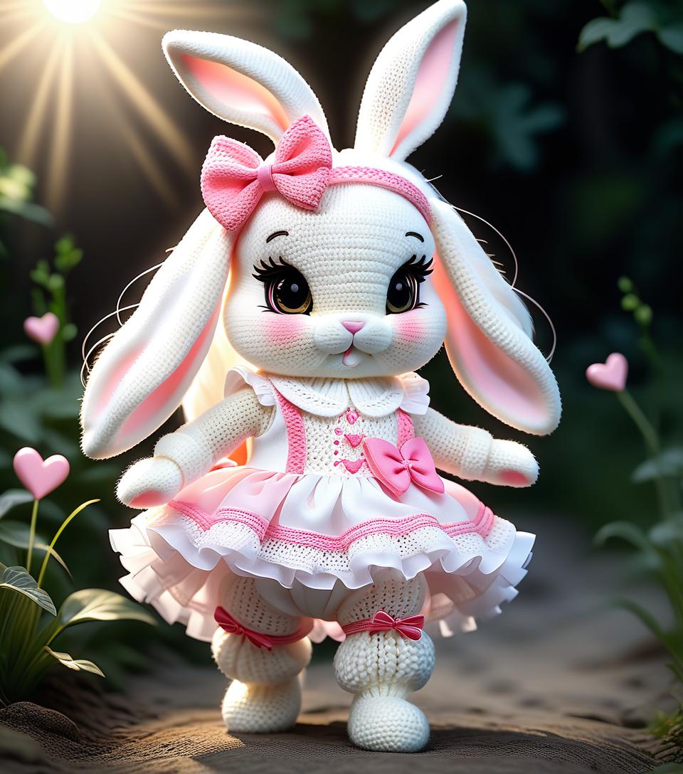  renaissance style a very cute white and pink fluffy bunny, cute cute, with long fluffy floppy ears, with a fashionable elegant crochet headband with a bow, and decorations, standing on two legs, in a crocheted white and pink jumpsuit with ruffles, tulle ruffles, with draperies, with ruffled tulle, with a bow, a peplum, very detailed, dressed in beautiful crocheted shoes with a bow, flying fireflies and neon hearts, glare of light, radiance, fabulously beautiful, tenderness, love, aesthetics, best quality: 1.3, for maximum detail and clarity, professional photo, fotorealism, high resolution, high detail , iso 3200, f/2.8, 16k, uhd, 1/8000sec, 30mm lens, bright light . realistic, perspective, light and shadow, religious or mythological themes hyperrealistic, full body, detailed clothing, highly detailed, cinematic lighting, stunningly beautiful, intricate, sharp focus, f/1. 8, 85mm, (centered image composition), (professionally color graded), ((bright soft diffused light)), volumetric fog, trending on instagram, trending on tumblr, HDR 4K, 8K