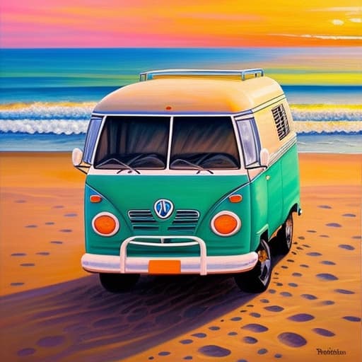  Show me a painting of a combi van parked by the beach with a ocean view and the sunset