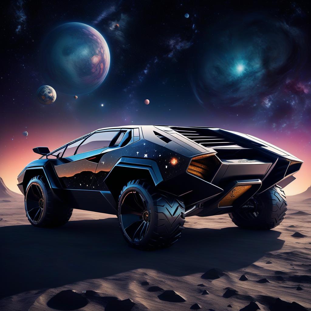  space themed retro futuristic, black, brutal suv, externally reminiscent of the lamborghini countach. . cosmic, celestial, stars, galaxies, nebulas, planets, science fiction, highly detailed