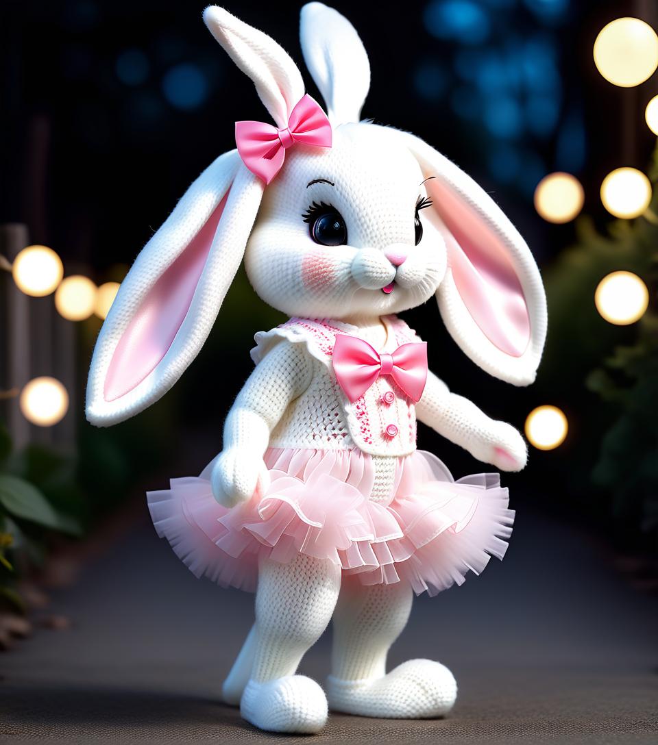  long exposure photo of a very cute white and pink fluffy bunny, cute cute, with long fluffy floppy ears, with a fashionable elegant crochet headband with a bow, and decorations, standing on two legs, in a crocheted white and pink jumpsuit with ruffles, tulle ruffles, with draperies, with ruffled tulle, with a bow, a peplum, very detailed, dressed in beautiful crocheted shoes with a bow, flying fireflies and neon hearts, glare of light, radiance, fabulously beautiful, tenderness, love, aesthetics, best quality: 1.3, for maximum detail and clarity, professional photo, fotorealism, high resolution, high detail , iso 3200, f/2.8, 16k, uhd, 1/8000sec, 30mm lens, bright light . blurred motion, streaks of light, surreal, dreamy, ghosting effect, h hyperrealistic, full body, detailed clothing, highly detailed, cinematic lighting, stunningly beautiful, intricate, sharp focus, f/1. 8, 85mm, (centered image composition), (professionally color graded), ((bright soft diffused light)), volumetric fog, trending on instagram, trending on tumblr, HDR 4K, 8K