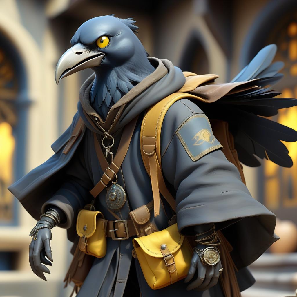  renaissance style black with blue tint avian humanoid race with crow head alchemist, small beak, mischievous yellow eyes, smiling, wearing travelers rags and leather cloak with lots of pockets, has big backpack with pockets, bomb in hand, magical laboratory background . realistic, perspective, light and shadow, religious or mythological themes, highly detailed