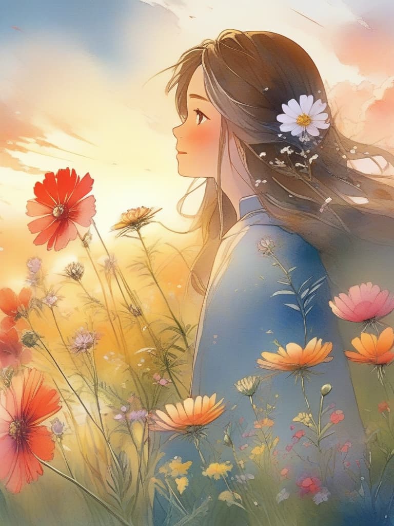  masterpiece,gentle illustration,meadow with cosmos blooming,profile of a very beautiful girl,sunset,high quality,8k