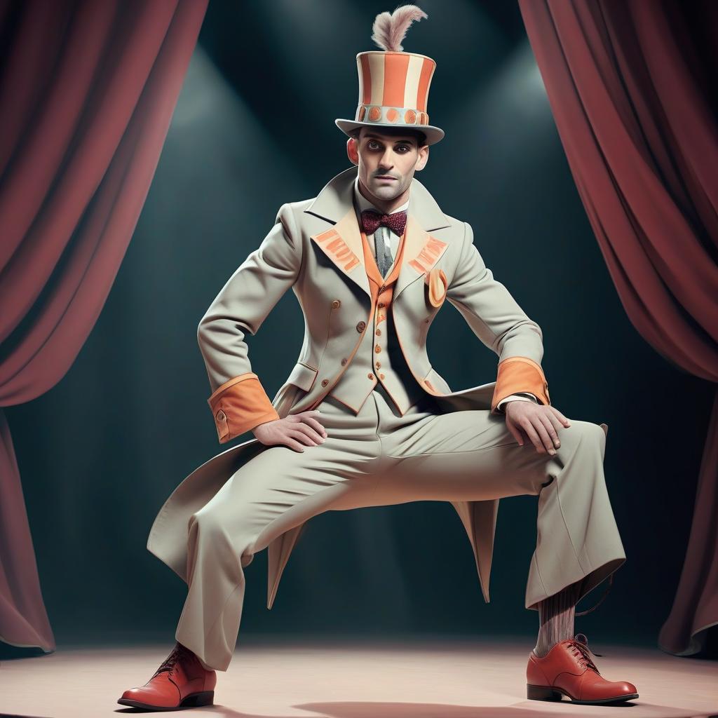  a stage image of a man. circus costume with elements of originality, large pockets, hat from the future. full length suit with shoes. good face.