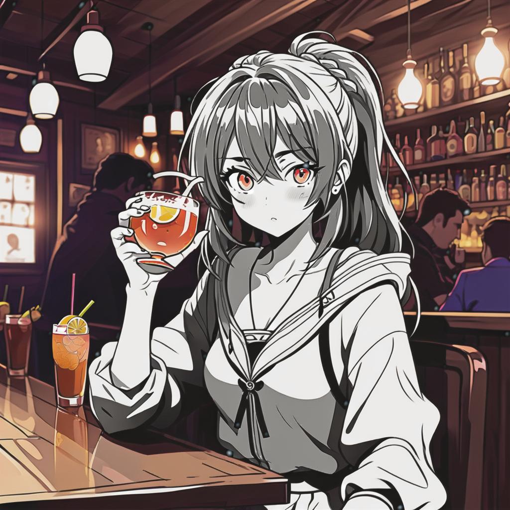  line art drawing girl drink sidr in tavern, same nightmare. anime style . professional, sleek, modern, minimalist, graphic, line art, vector graphics