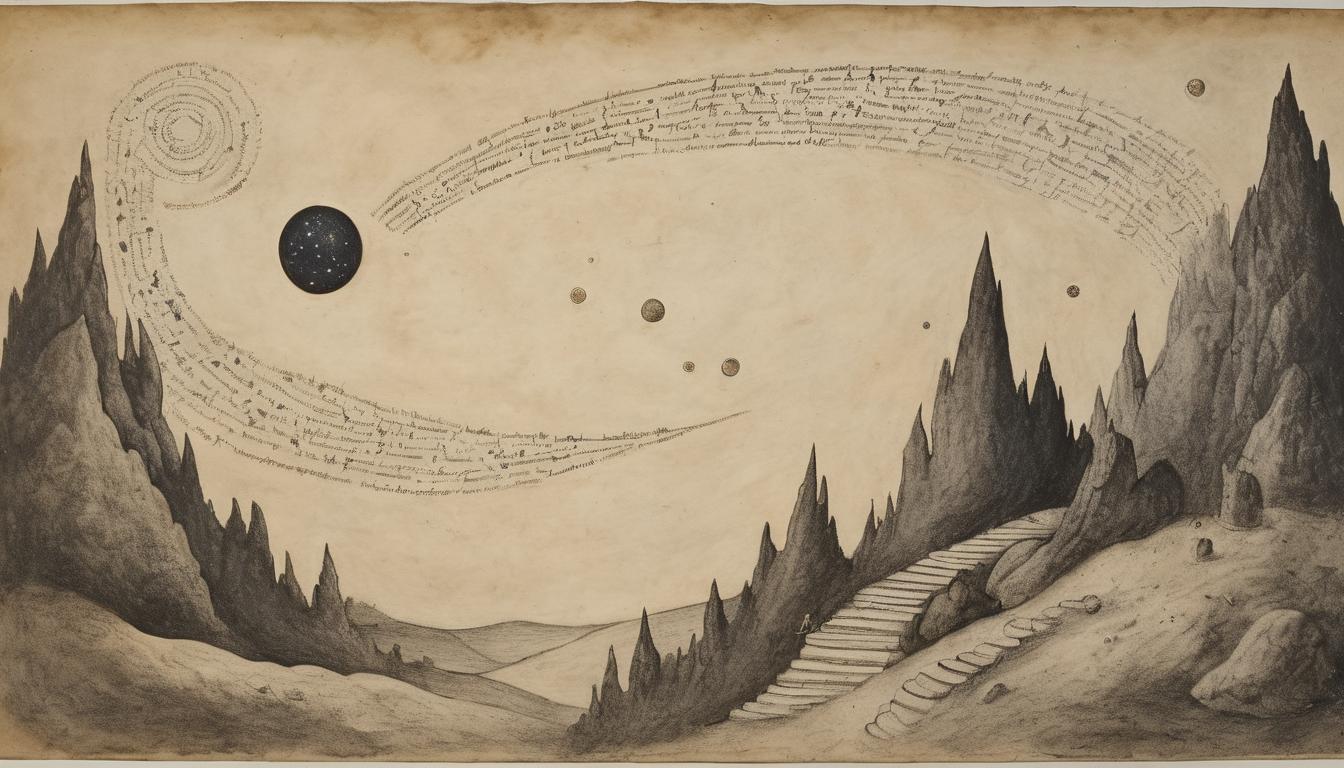  on parchment, surrealism++, stones flying upwards toward a night sky filled with stars, stones dissolving into stardust, ethereal, unexpected turn, cosmic consequence(mysterious, provocative, symbolic)++