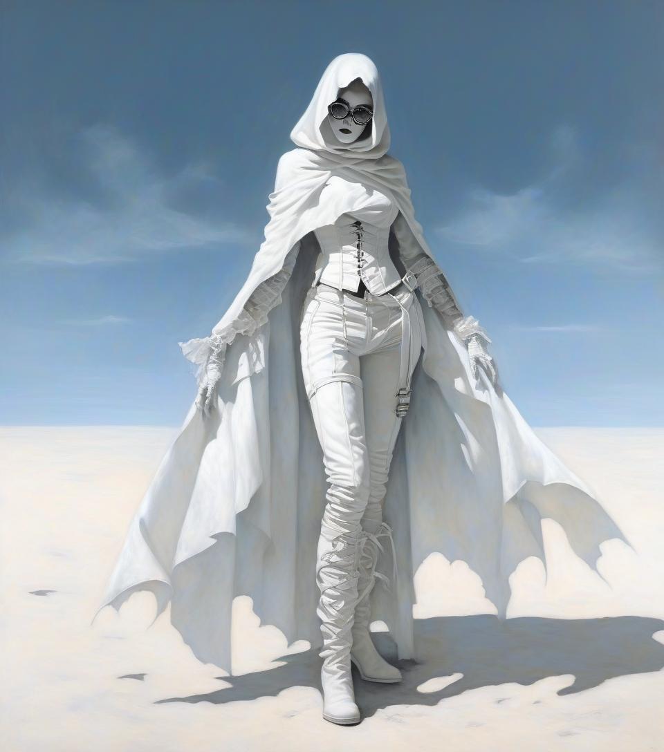  macabre style fantasy. a very thin girl in glasses with a beautiful face in a white handkerchief on her face, in a leather white openwork corset, in leather pants, with a wide white garter in the form of a white belt and a buckle in the middle of the right thigh, in white wrists, in white gloves, in a leaky openwork cloak. . dark, gothic, grim, haunting, highly detailed, hkmagic, oil painting