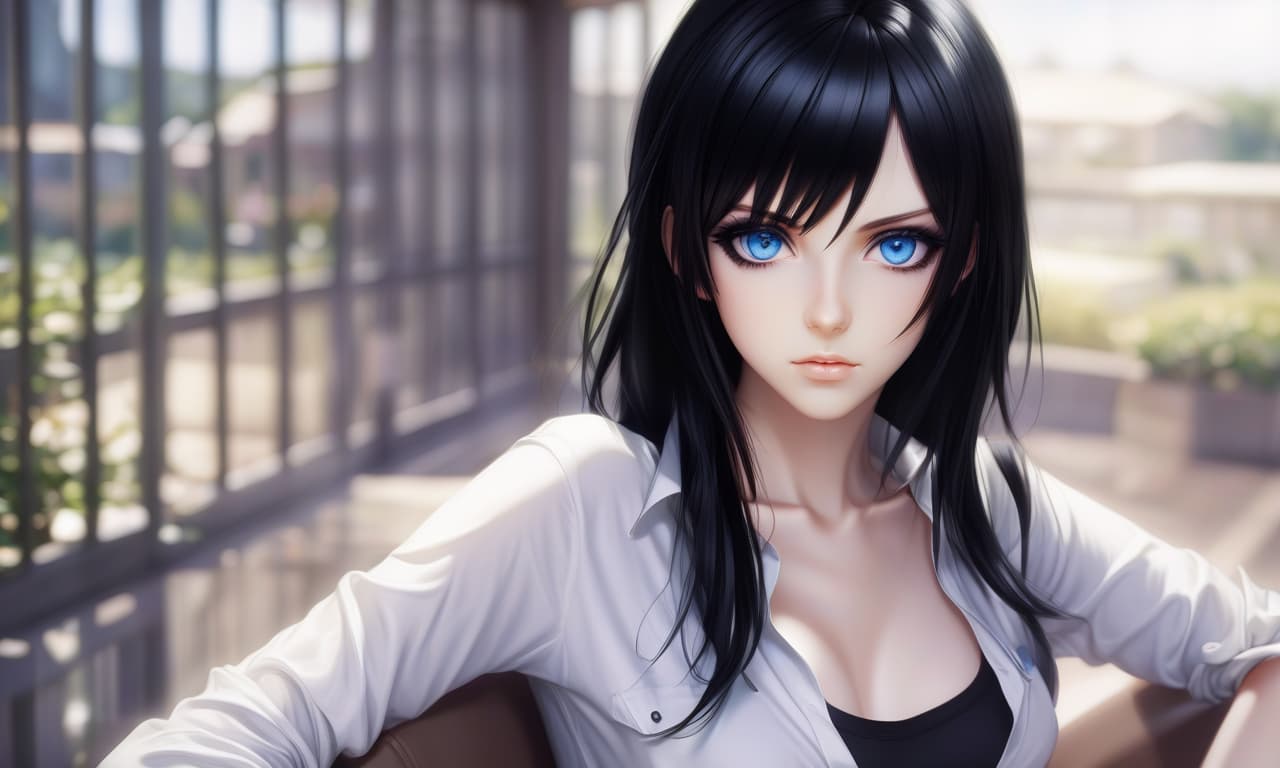  beautiful anime girl, with black hair, beautiful eyes, tight shirt