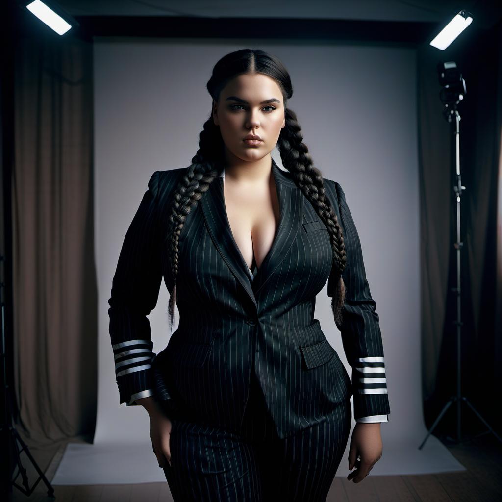  cinematic photo a large girl in a black suit with a huge bust, with braids of black hair, black striped trousers with large hips model . 35mm photograph, film, bokeh, professional, 4k, highly detailed